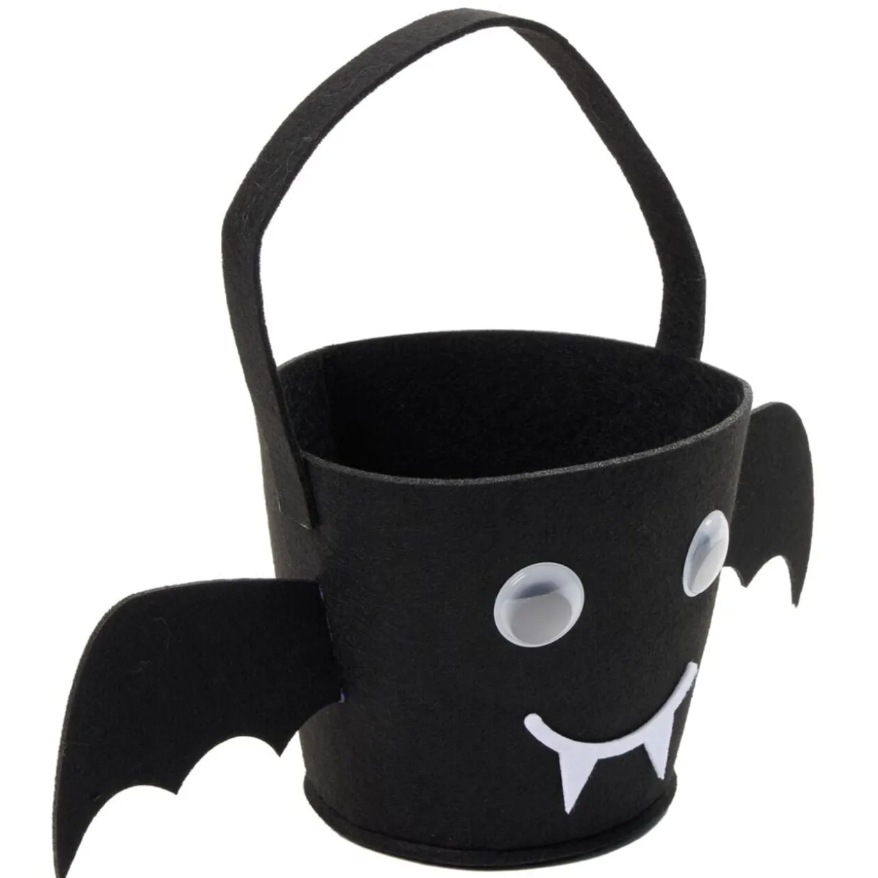 Seau à bonbons Halloween chauve-souris avec yeux mobiles feutrine noir 16x14xH13 cm