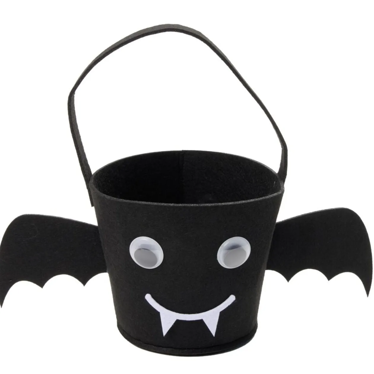 Seau à bonbons Halloween chauve-souris avec yeux mobiles feutrine noir 16x14xH13 cm