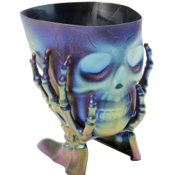 Seau à bonbons Halloween tête de squelette violet iridescent 17x14xH13cm