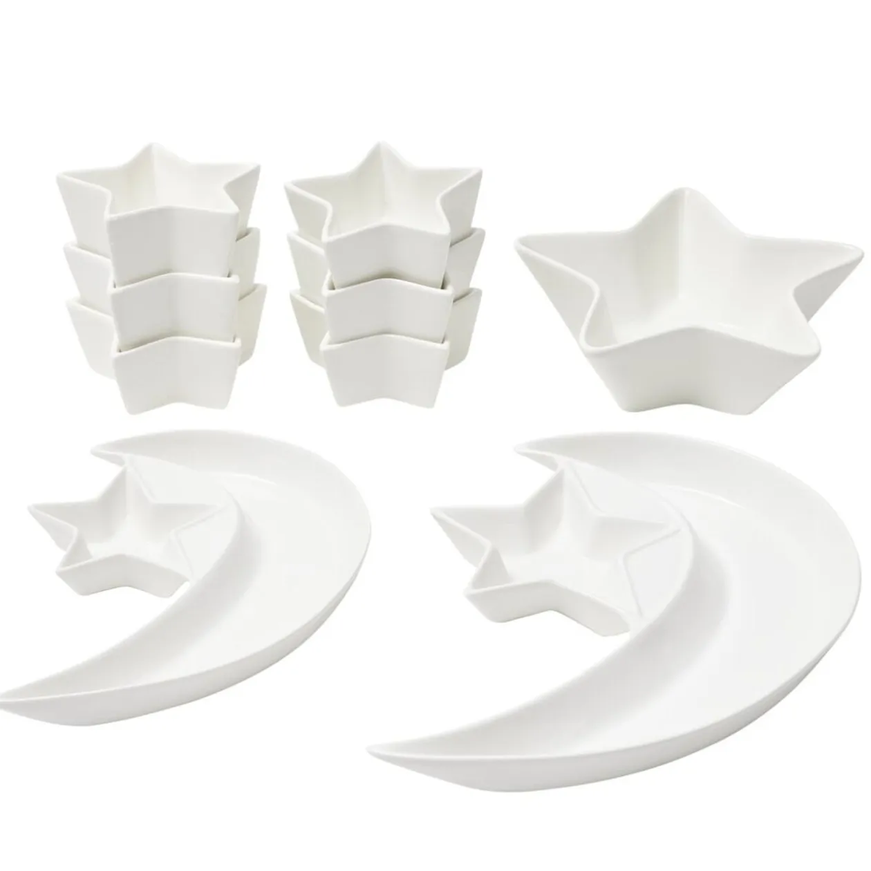 Service à vaisselle forme lune et étoile 9 pièces céramique blanche