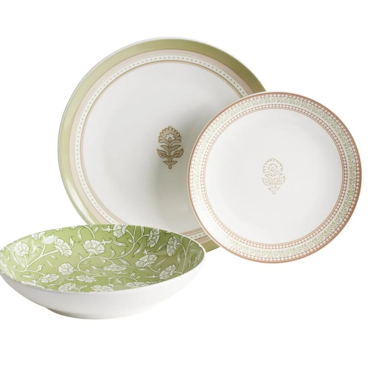 Service vaisselle porcelaine 4 personnes 12 pièces motif floral vert et beige