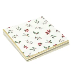 Serviette en papier 3 plis X20 pcs imprimé houx L33X33 cm blanc liseré doré
