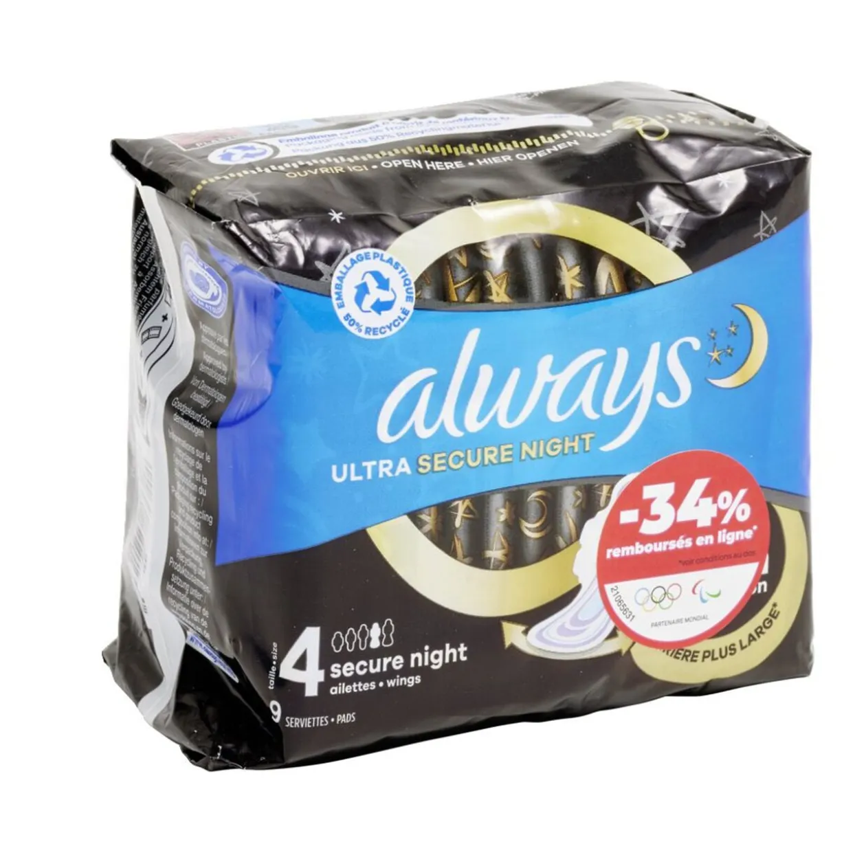Serviette hygiénique x9 avec ailettes Always ultra secure nuit