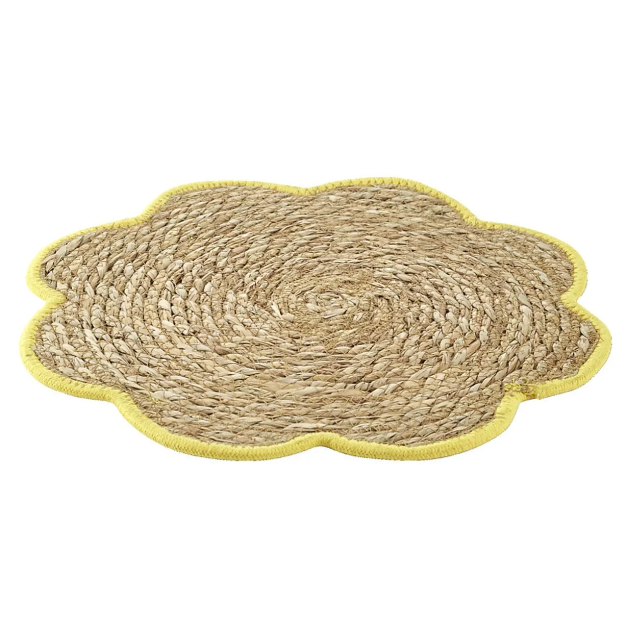 Set de table jonc de mer tressé et coton forme fleur contour jaune Ø38cm