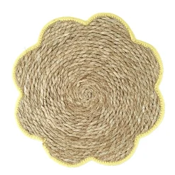 Set de table jonc de mer tressé et coton forme fleur contour jaune Ø38cm
