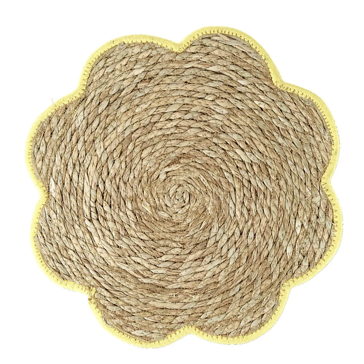 Set de table jonc de mer tressé et coton forme fleur contour jaune Ø38cm