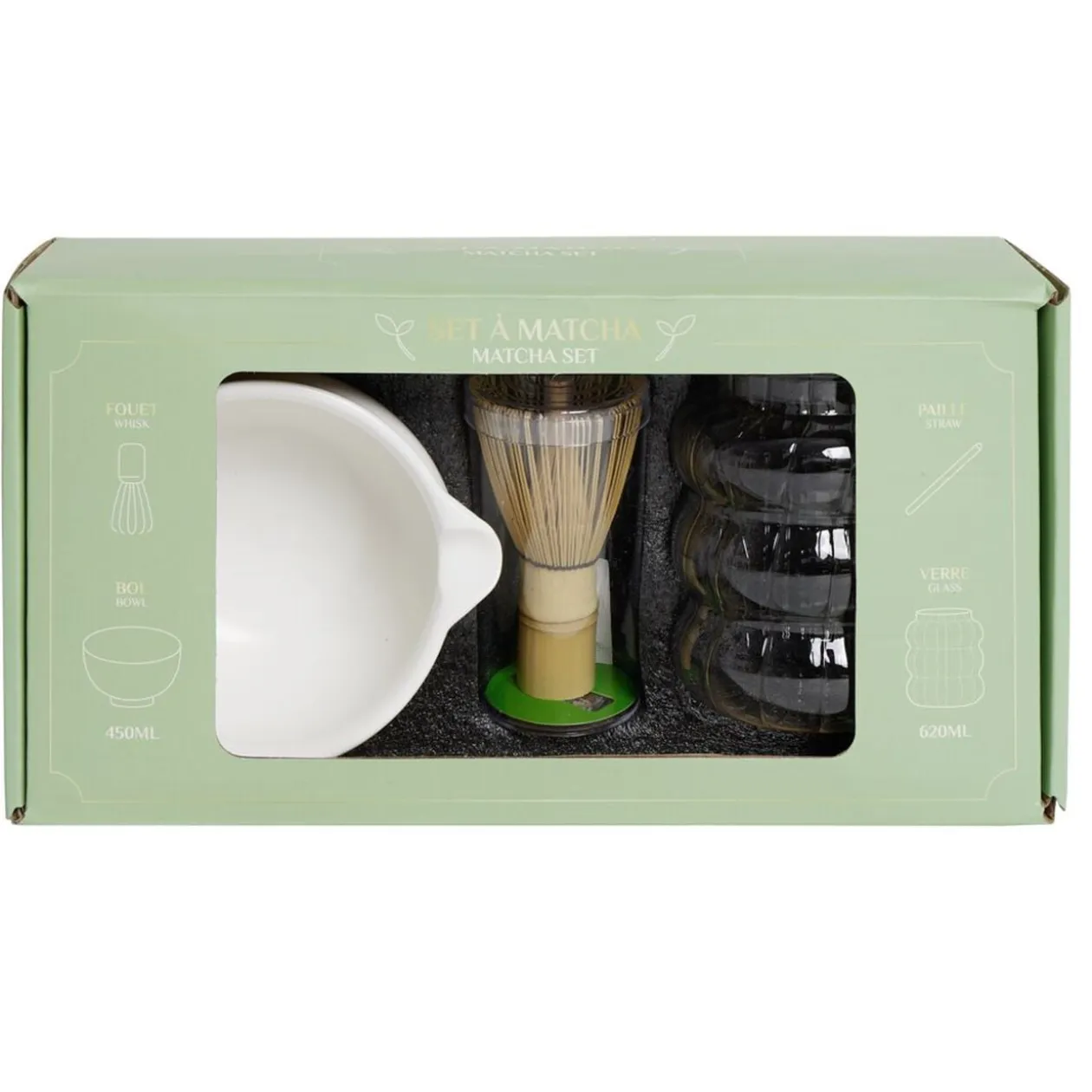 Set à matcha bol verre fouet paille 4 pièces