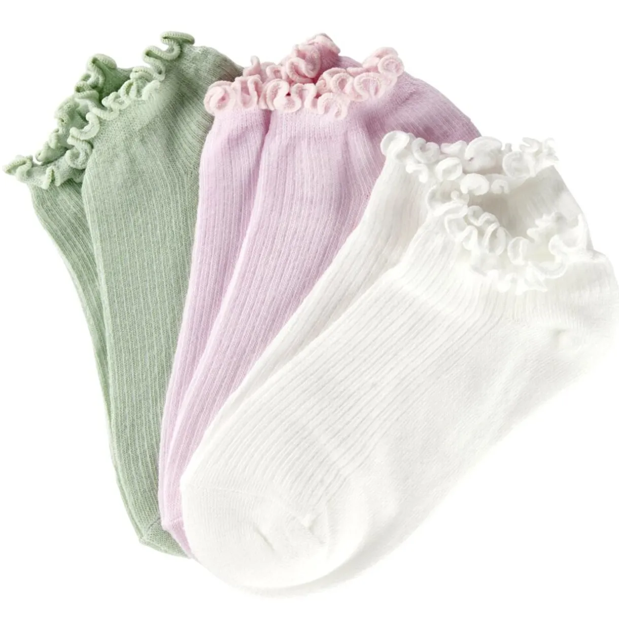 Socquettes femme bord froufrou 3 paires vert rose beige (T35/38 ou 39/42) < Gifi Online
