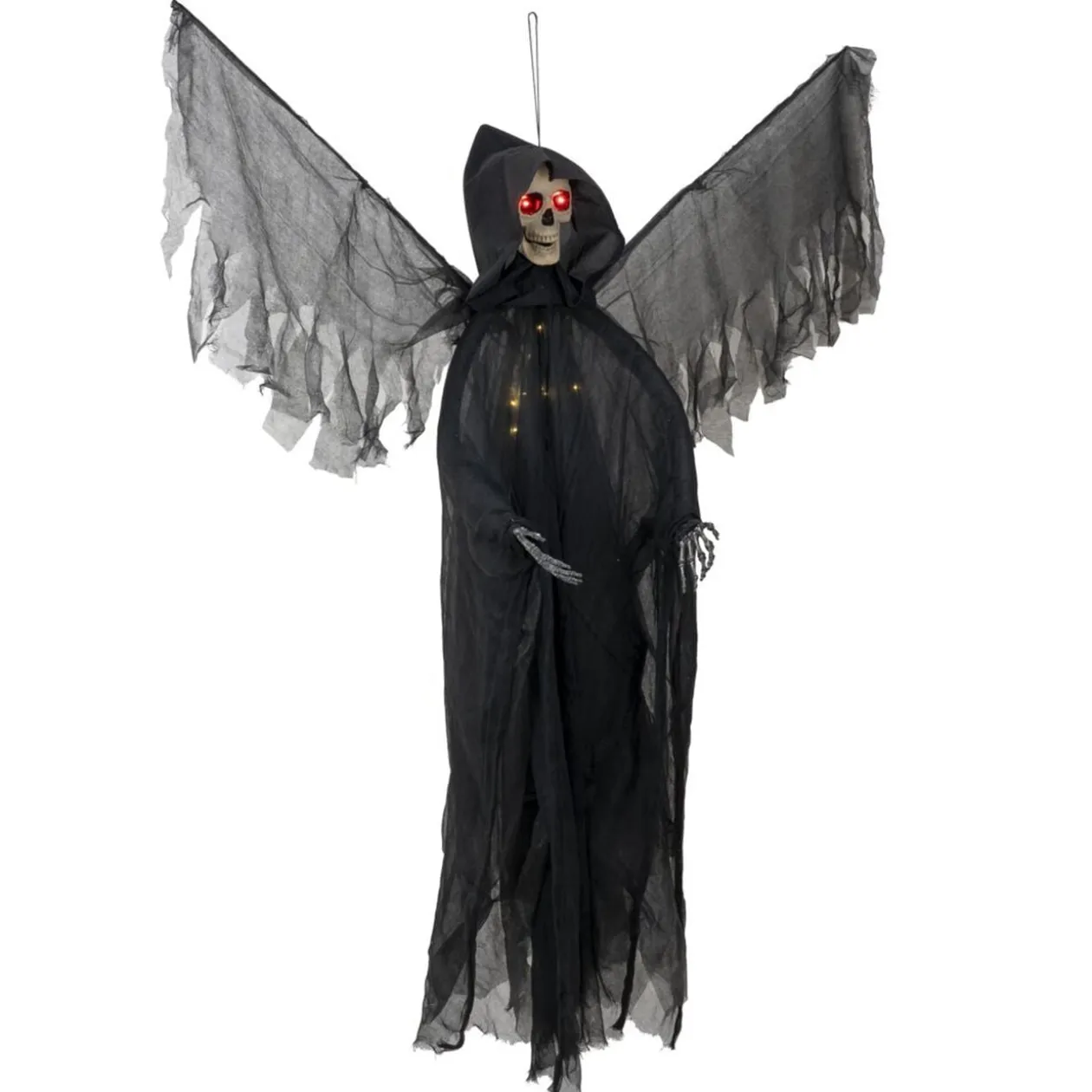 Squelette volant à suspendre lumineux noir yeux rouges 120xH170cm