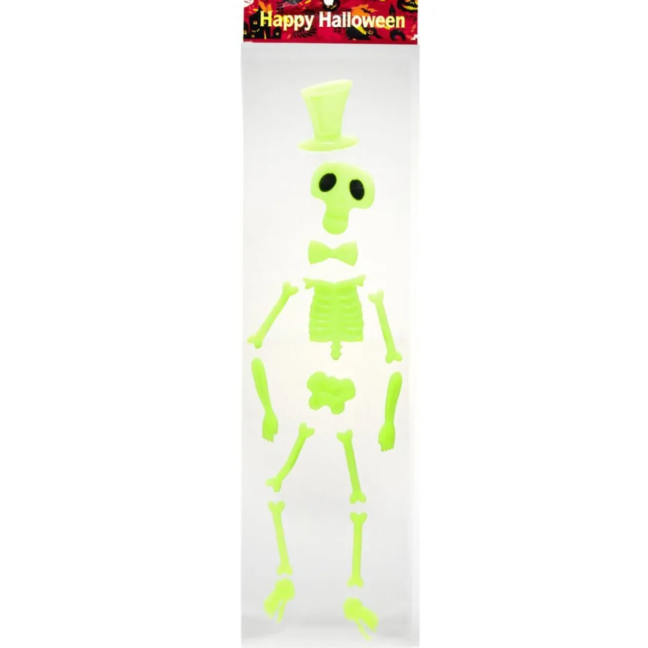 Sticker gel Halloween squelette chapeau vert phosphorescent 15xH55cm