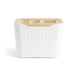 Support brosse à dent plastique blanc avec couvercle bambou 4 trous