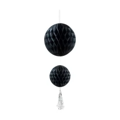 Suspension 2 boules avec pompon papier noir