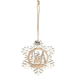 Suspension village de Noël dans flocon en bois H12cm - 2 modèles