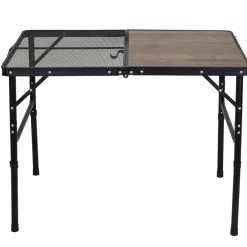 Table camping pliable décor bois et acier finition grille noir 90x60xH66cm