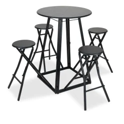 Table de bar haute avec 4 chaises à déplier métal et bois noir Ø105xH170cm < Gifi