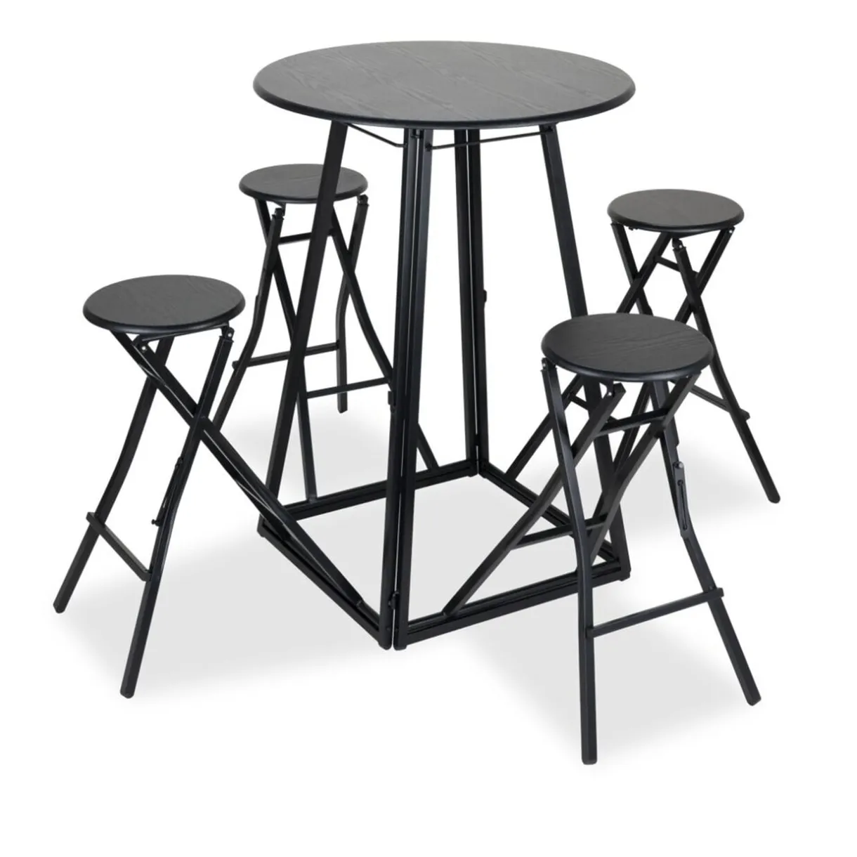Table de bar haute avec 4 chaises à déplier métal et bois noir Ø105xH170cm < Gifi
