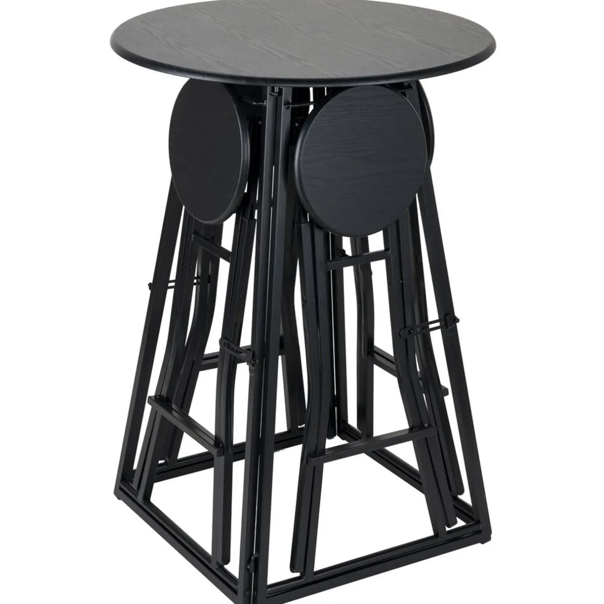 Table de bar haute avec 4 chaises à déplier métal et bois noir Ø105xH170cm < Gifi