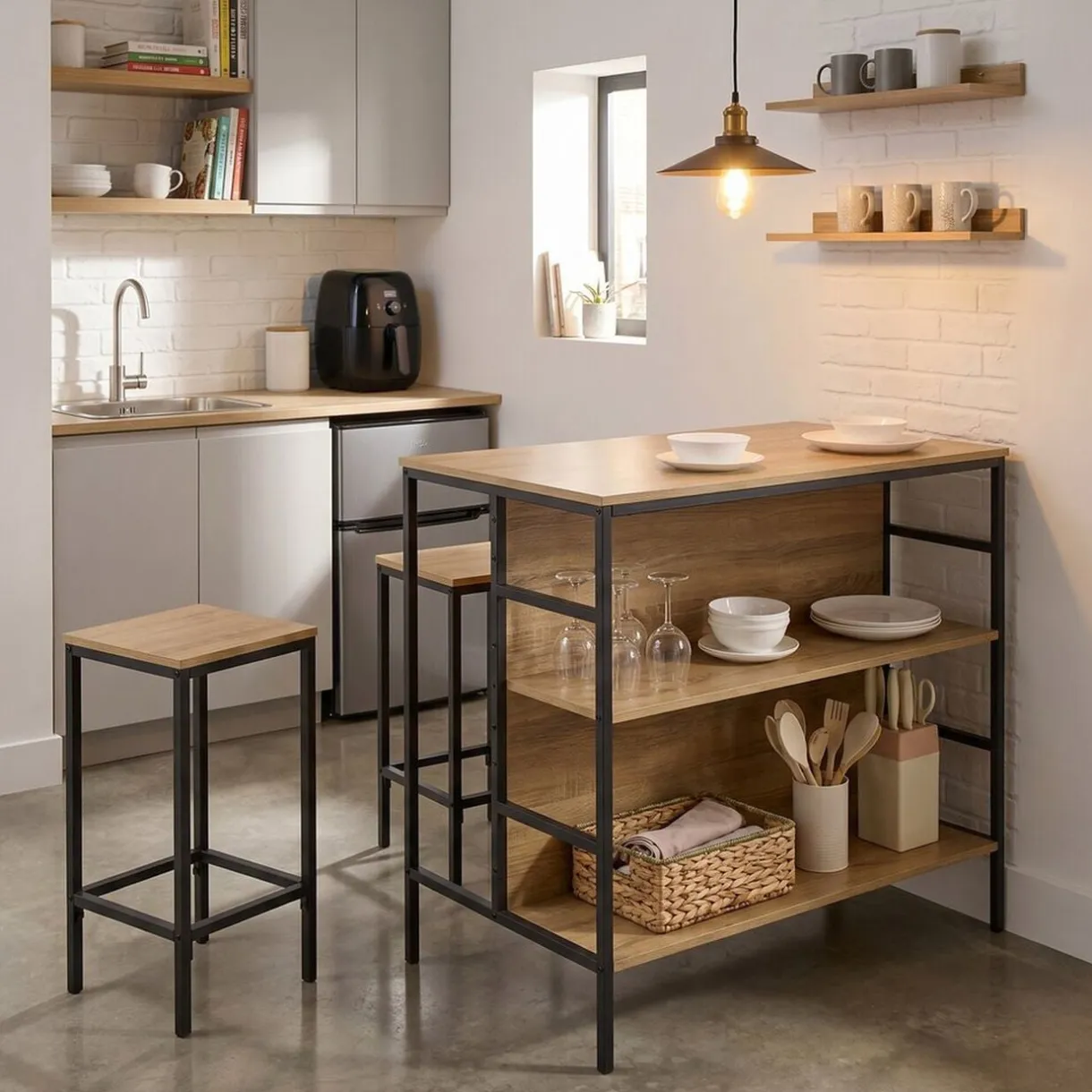 Table haute avec 2 tabourets Luffi métal bois noir et marron 100x60xH100cm < Gifi Online