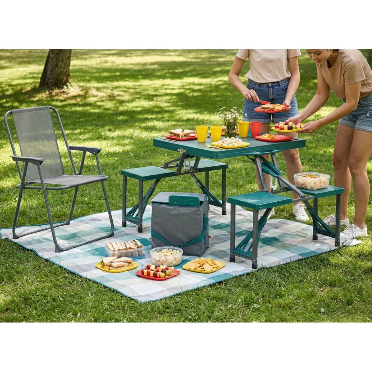 Table valise pliante avec sièges bleu