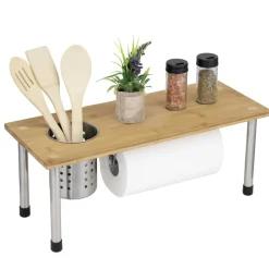 Étagère de cuisine bambou avec pot à ustensiles et porte rouleaux L50xH19,5cm