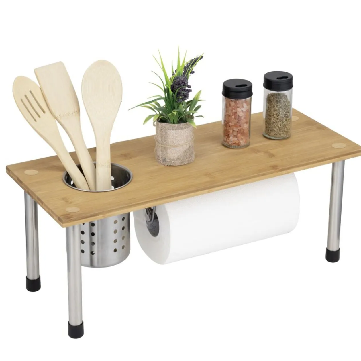 Étagère de cuisine bambou avec pot à ustensiles et porte rouleaux L50xH19,5cm