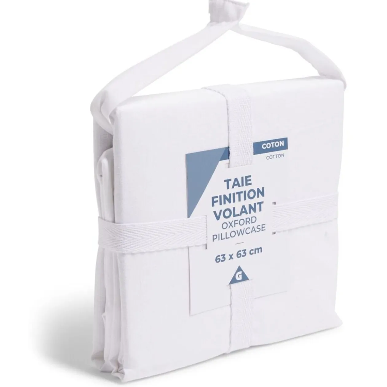Taie d'oreiller 63x63cm 100% coton finition volant blanc