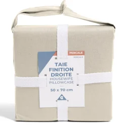 Taie d'oreiller 50x70cm 100% coton percale finition droite beige