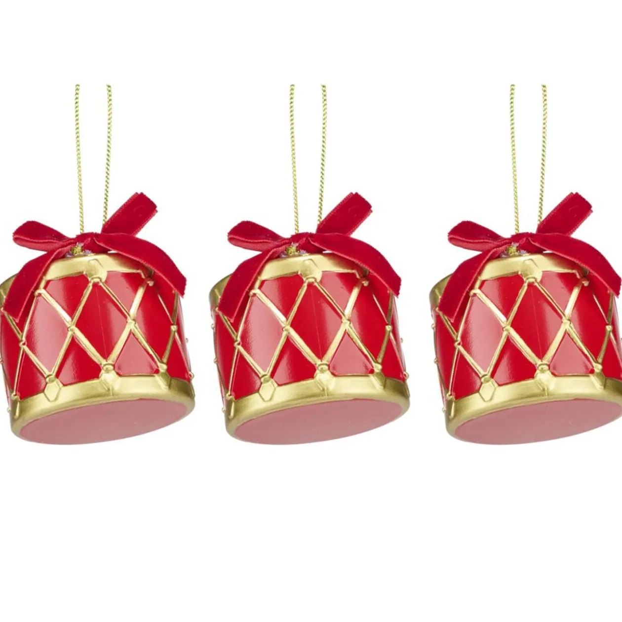 Tambours de Noël rouges et dorés x3 à suspendre L7cm