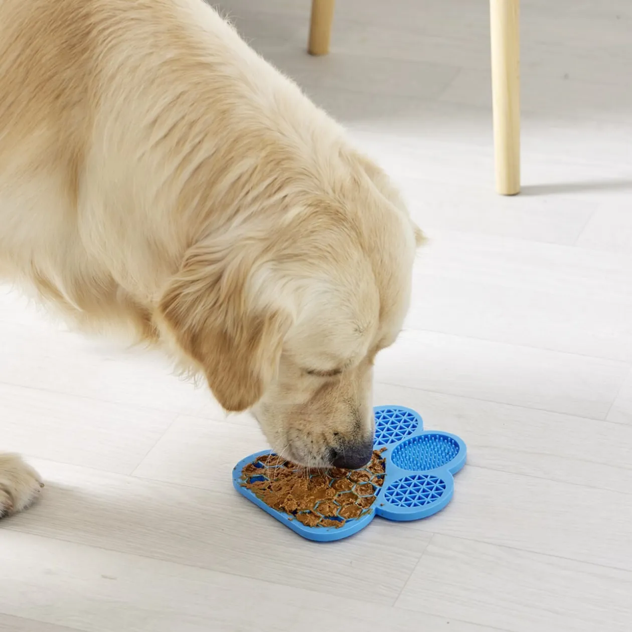Tapis de léchage pour animaux forme patte de chien silicone bleu 18x18cm