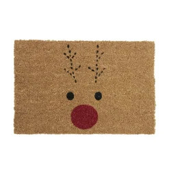 Tapis d'entrée Noël rectangulaire coco motifs renne nez rouge 40x60cm
