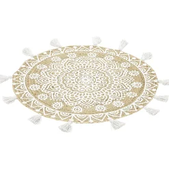 Tapis rond à franges jute naturel motif rosace blanc