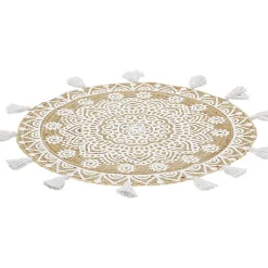 Tapis rond à franges jute naturel motif rosace blanc