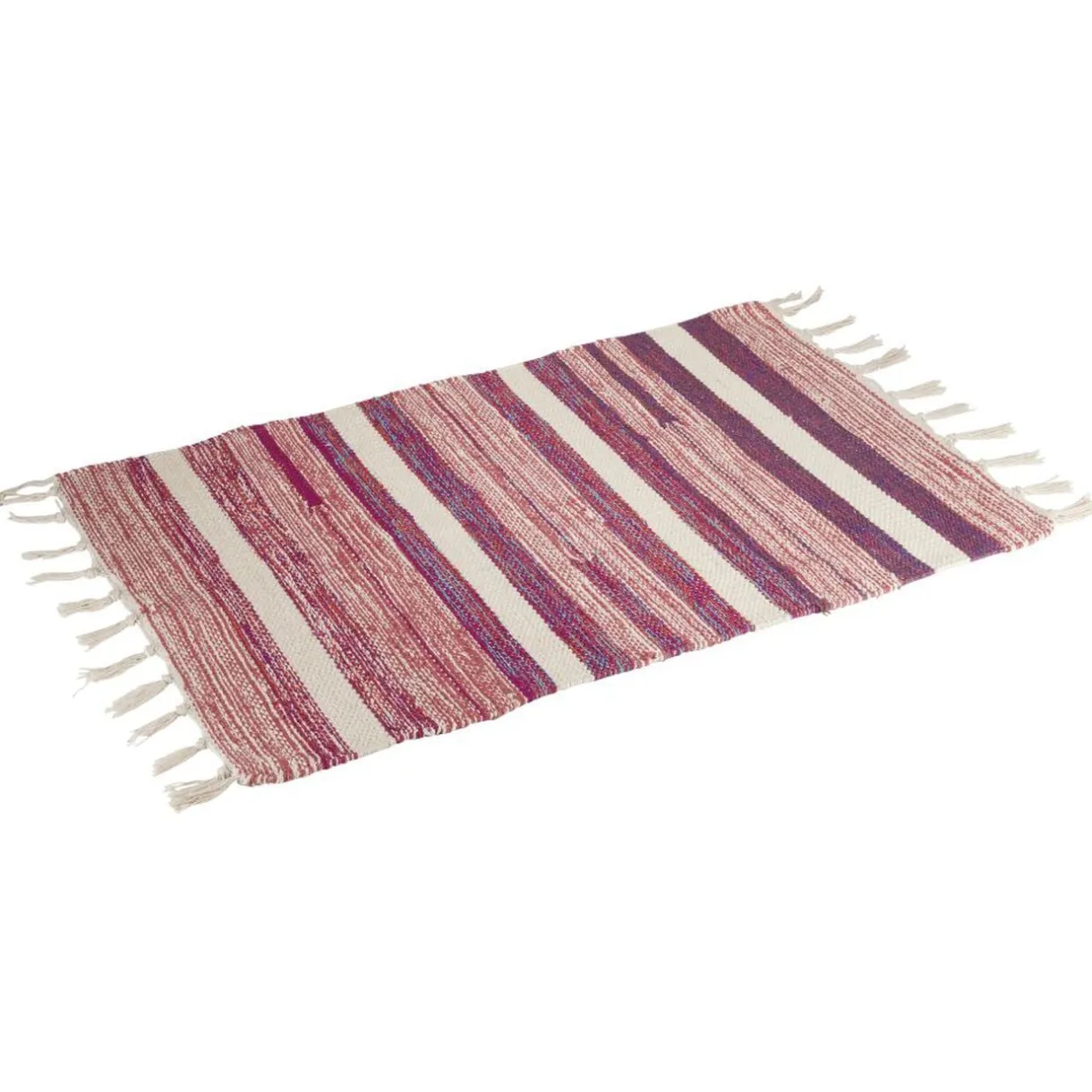 Tapis tressé à franges rayure beige et rouge 100% coton 40x60cm < Gifi Hot