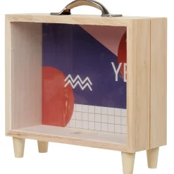Tirelire bois bleu et blanc motif rond rouge inscription Yes