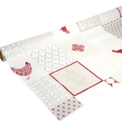 Toile cirée au mètre PVC motif carreau de ciment et poule beige rouge L140cm