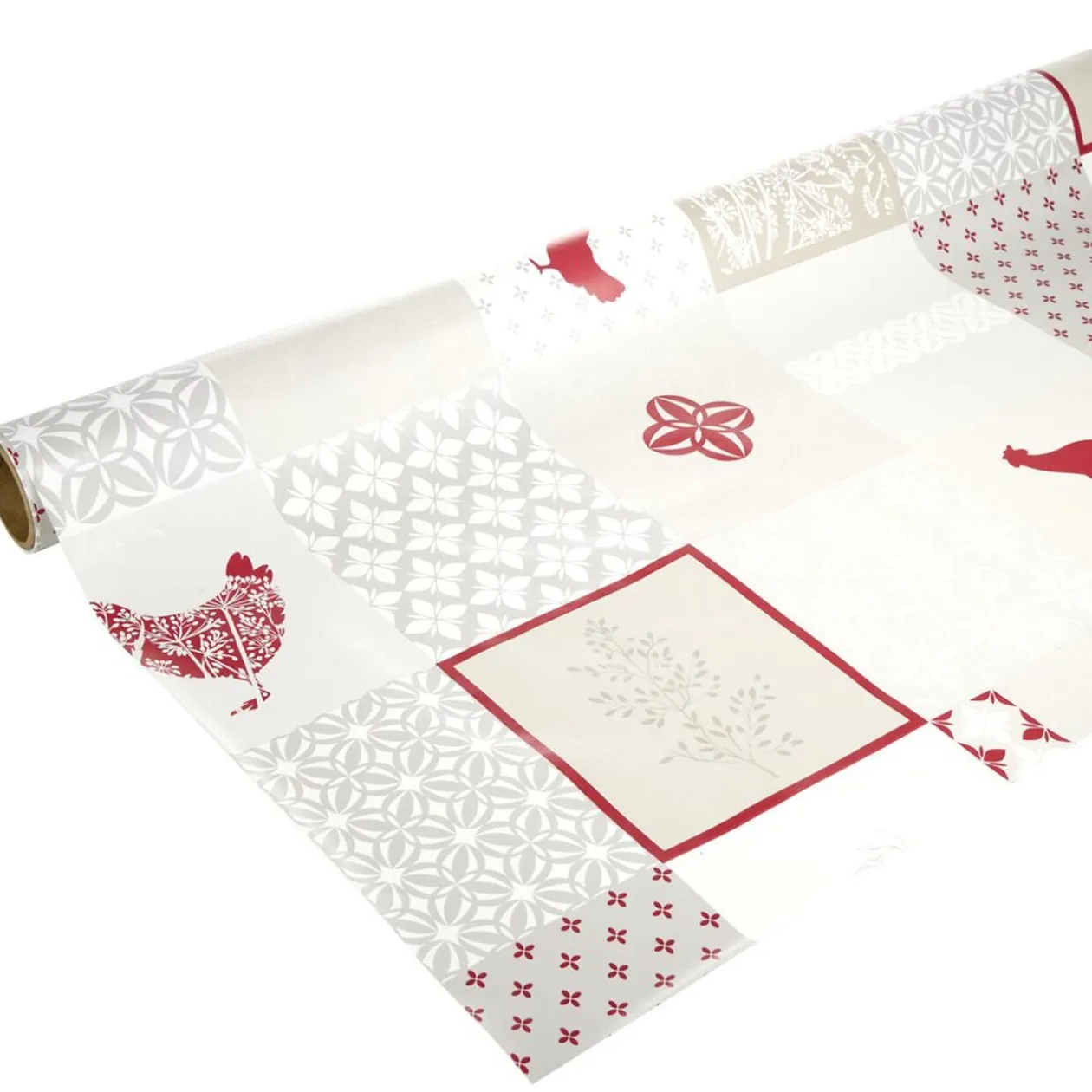 Toile cirée au mètre PVC motif carreau de ciment et poule beige rouge L140cm