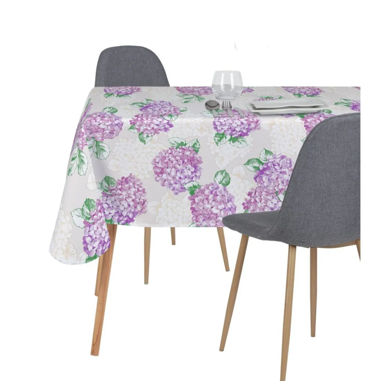 Toile cirée Hortensia fleurie violet fond beige l140cm