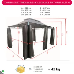 Tonnelle rectangulaire Sicile double toit grise UPF50+ 400x300xH287cm 12m²