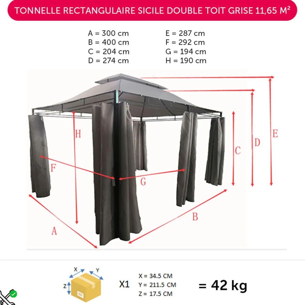 Tonnelle rectangulaire Sicile double toit grise UPF50+ 400x300xH287cm 12m²