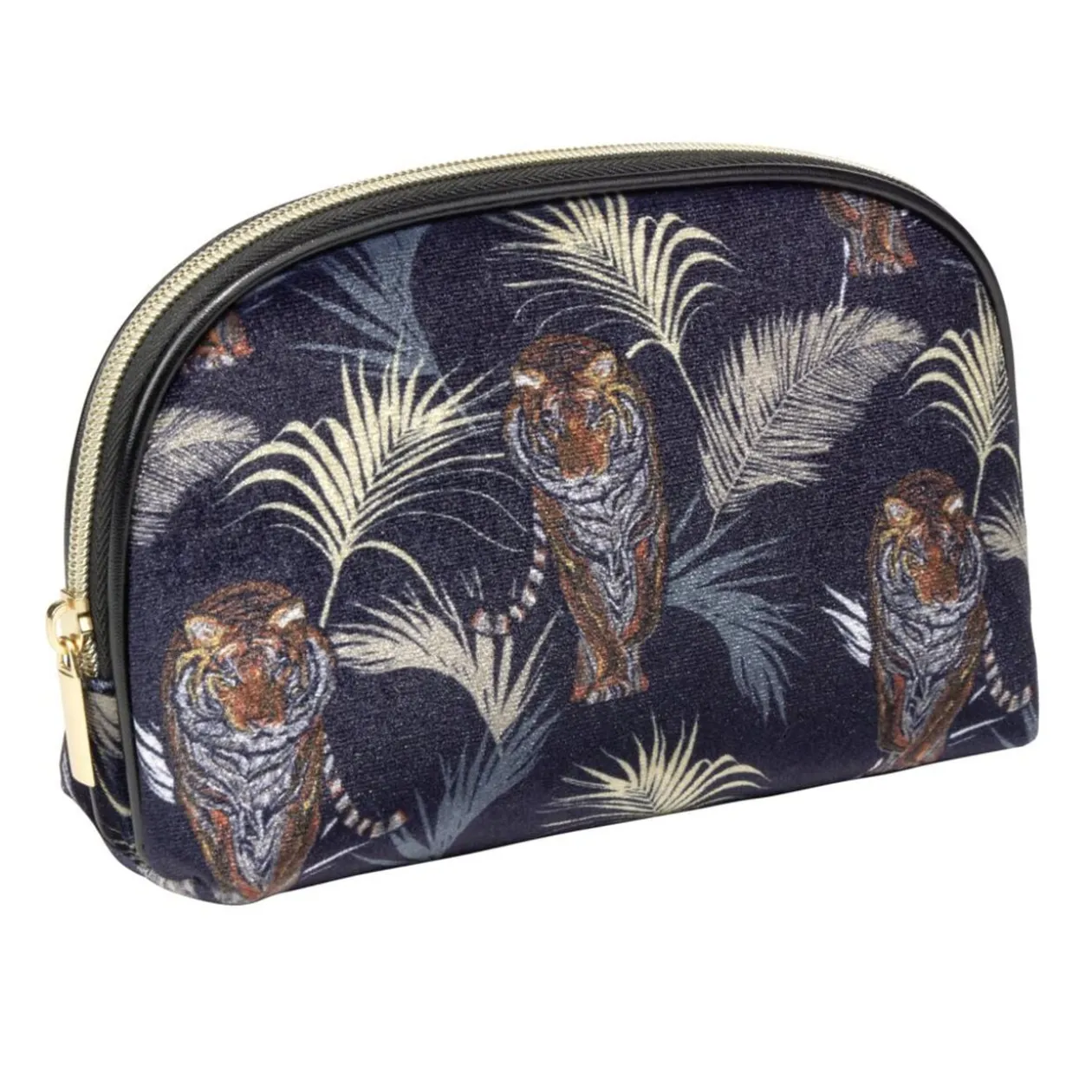 Trousse de toilette bleu marine motif exotique feuillages et tigres 18x7xH10cm