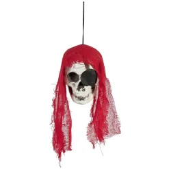 Tête squelette pirate à suspendre Halloween rouge ou noir