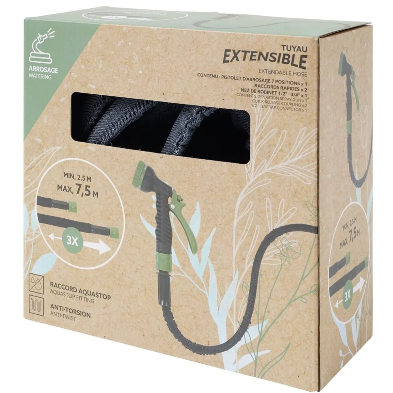 Tuyau d'arrosage extensible avec pistolet vert 2,5à7,5M