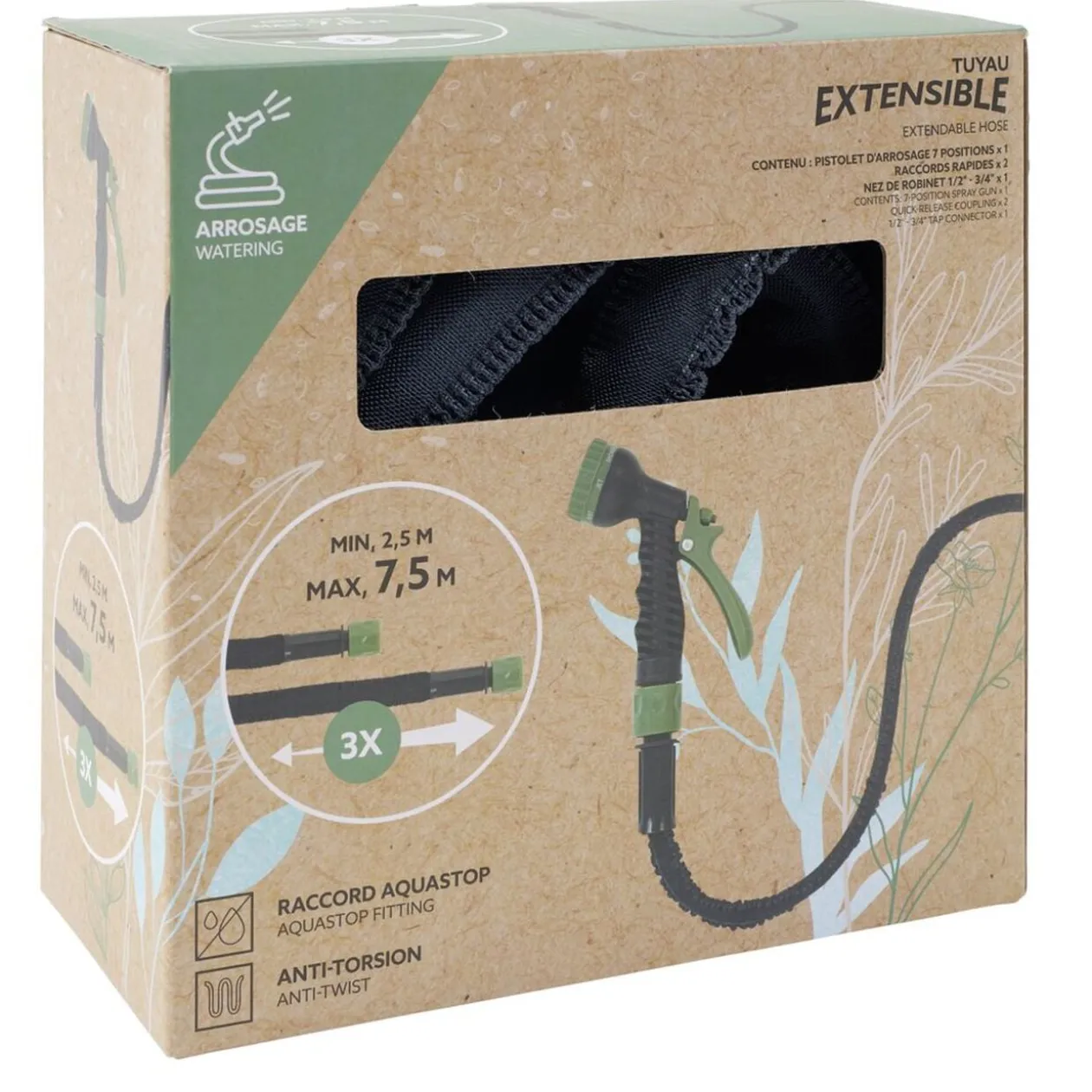 Tuyau d'arrosage extensible avec pistolet vert 2,5à7,5M