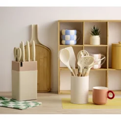 Ustensile de cuisine x7 silicone et bois avec pot beige Ø12xH35cm < Gifi Best
