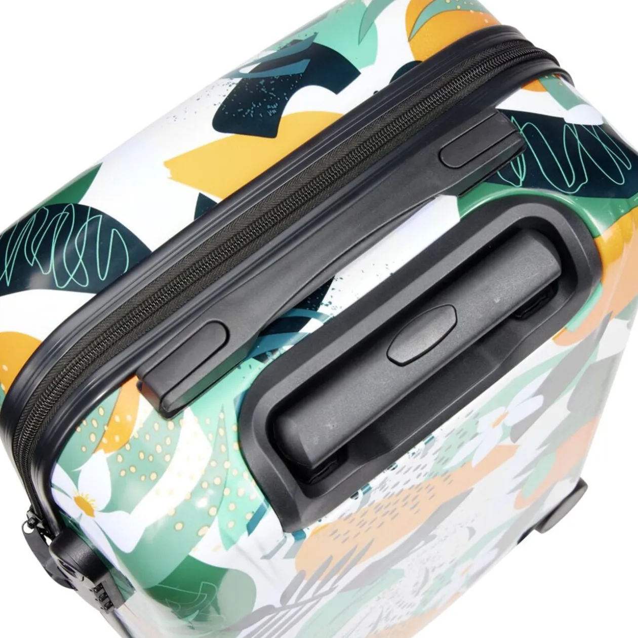 Valise cabine 64L trolley plastique ABS motif tropical avec cadenas 44x26xH67cm