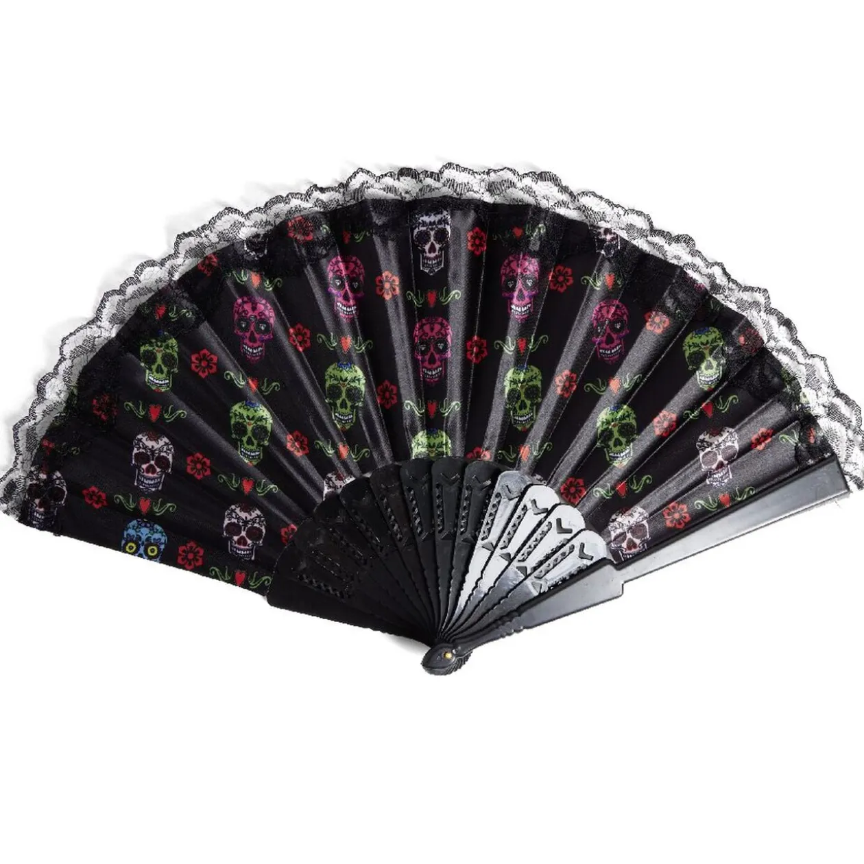 Éventail Halloween pliant tête de mort mexicaine 43x23cm