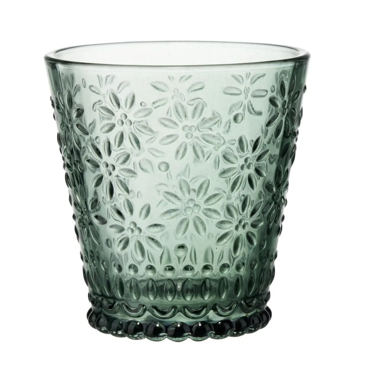 Verre 32cl en verre motif fleur en relief Ø8,6xH9cm (2 modèles)