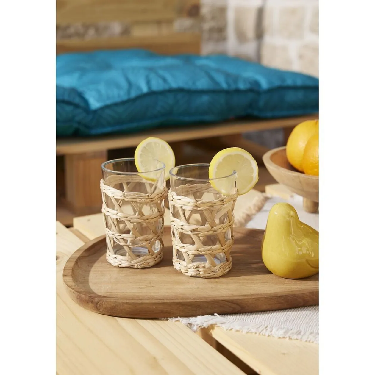 Verre haut transparent avec raphia Ø8xH12,5cm