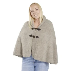 Veste plaid châle moutonné marron 75x150cm avec boutons à brandebourg