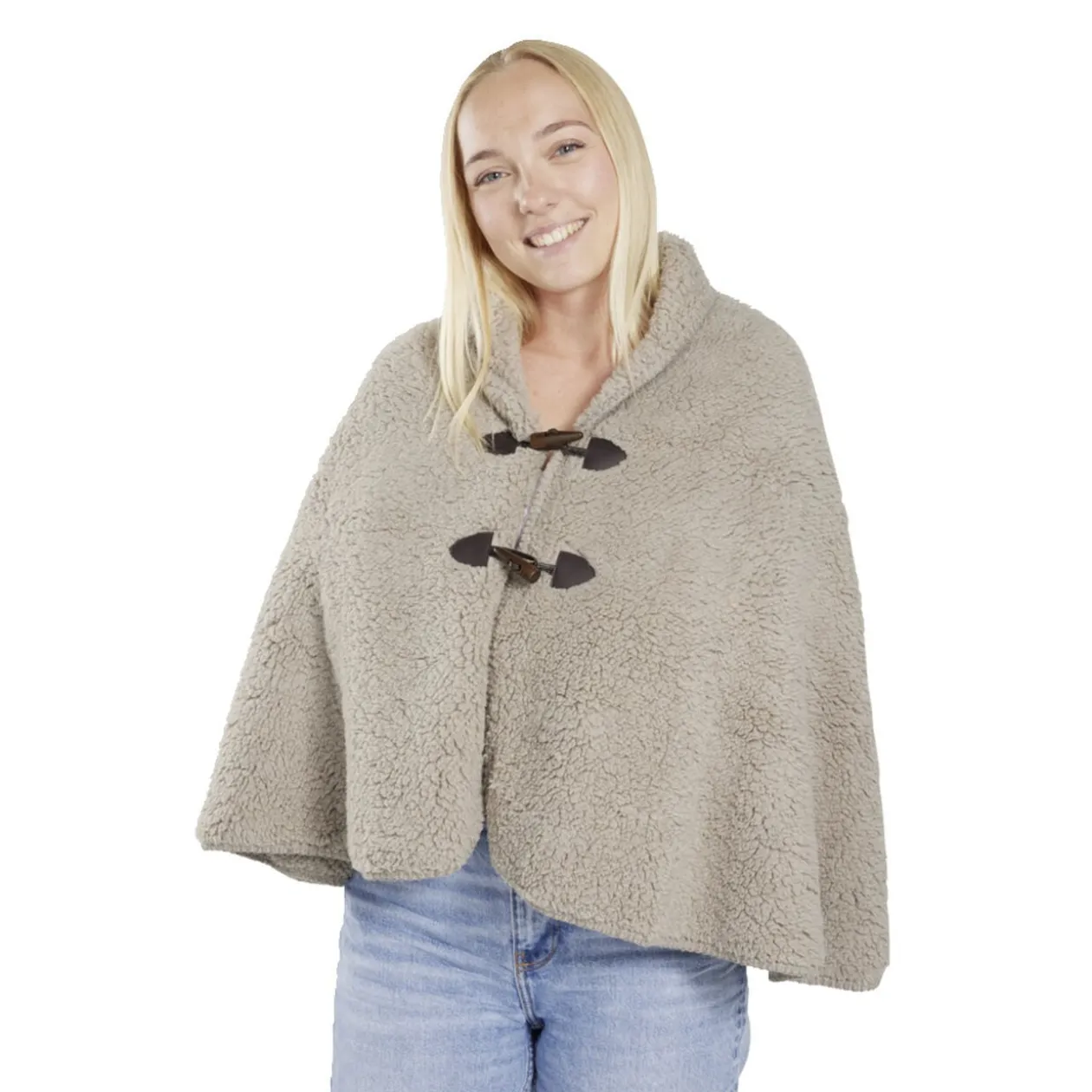 Veste plaid châle moutonné marron 75x150cm avec boutons à brandebourg